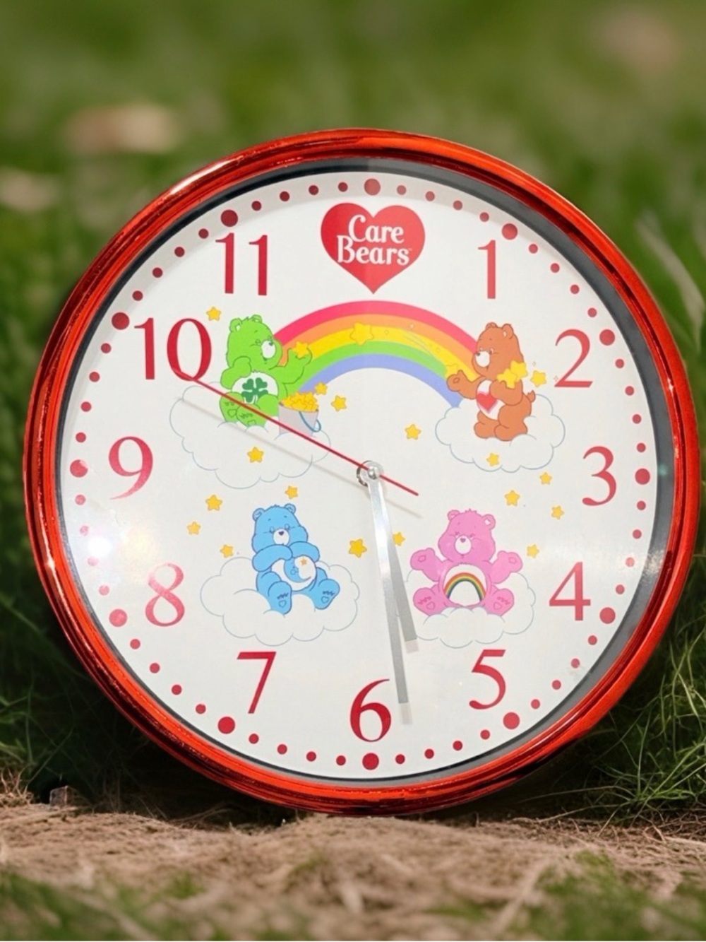 Care Bears Wall Clock 13.5" Red Metallic Frame Rainbow Clouds Quartz CRB3002
